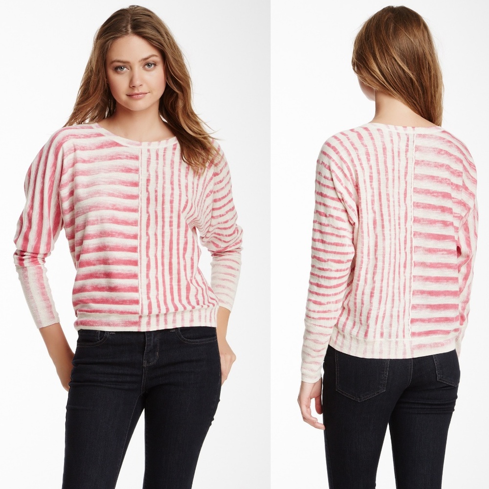 🍍DKNY Jeans Raspberry & Cream Knit Striped Top